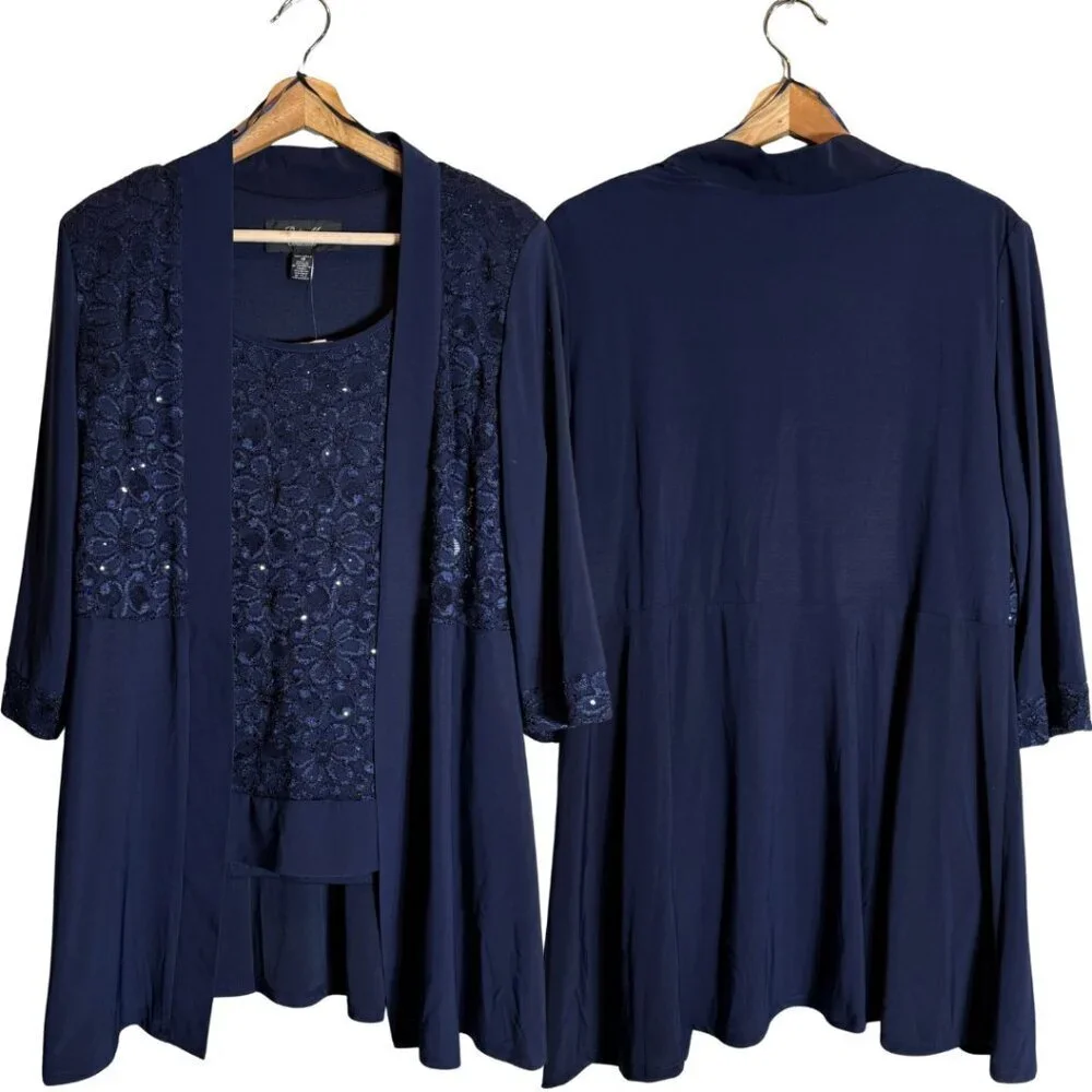 R&M Richards Lace & Sequin Jacket Tank Set Women's 10 Blue Formal Dressy Sparkly